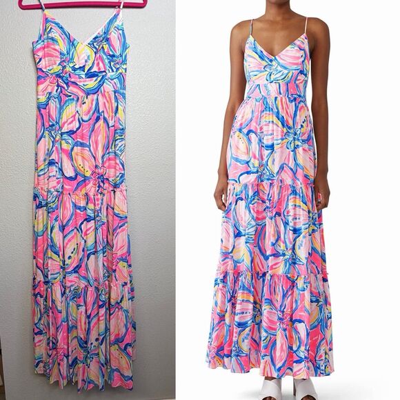Lilly Pulitzer Melody Maxi Dress Sz 2 Pink Blue Tropical Beachy Preppy Tiered - Picture 1 of 5
